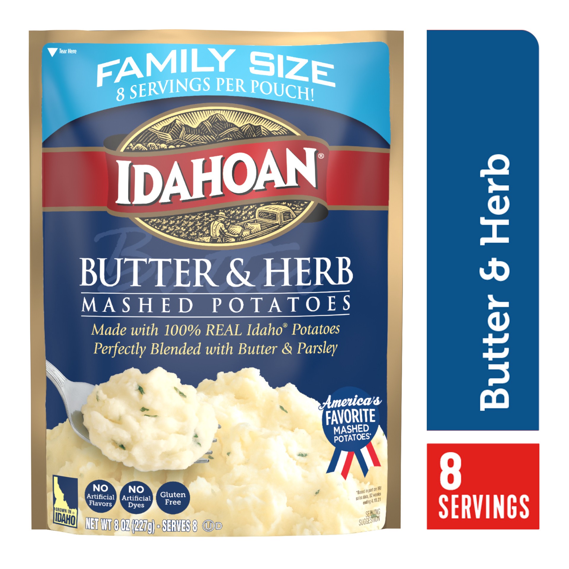 slide 1 of 9, Idahoan Butter & Herb Mashed Potatoes Family Size, 8 oz Pouch, 8 oz