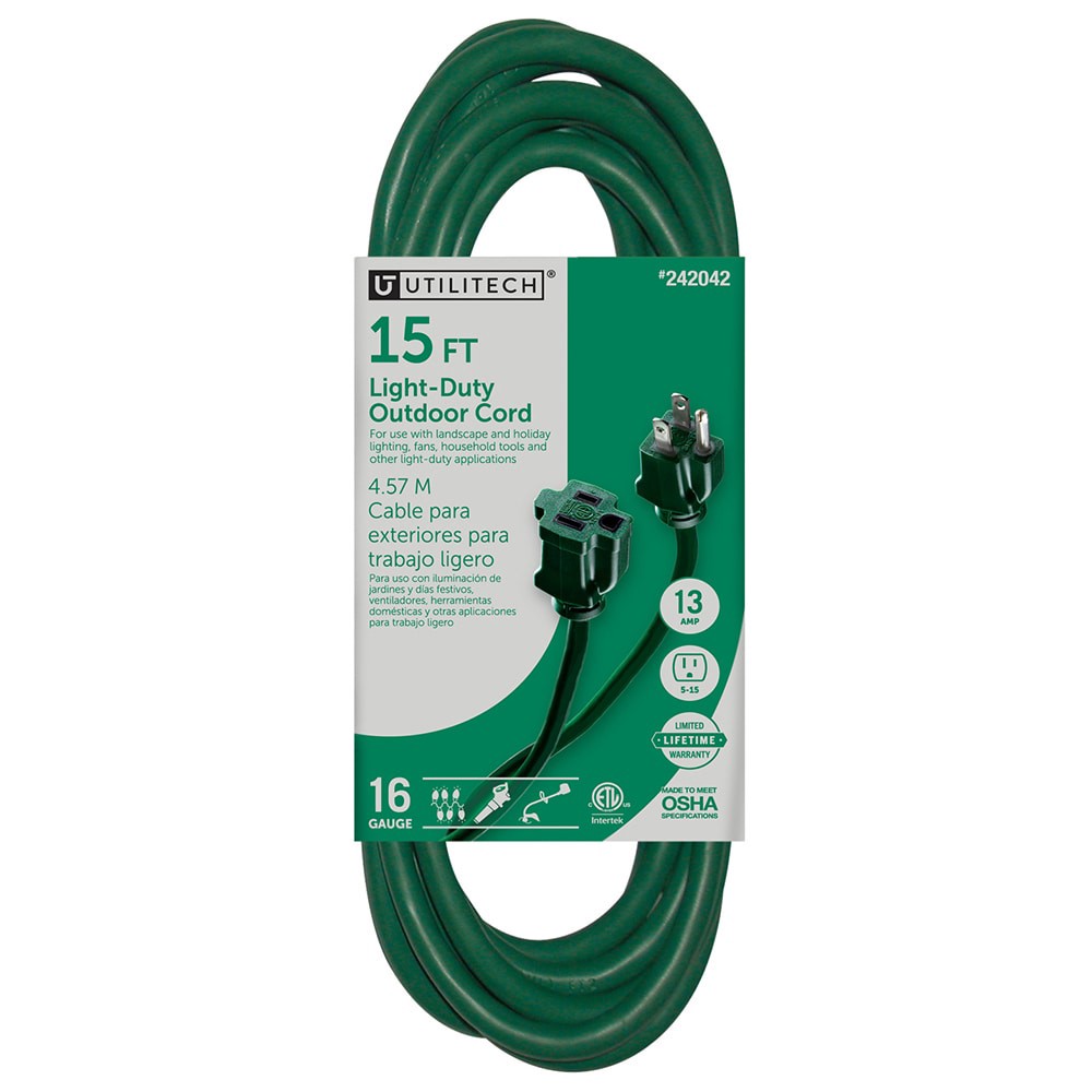 slide 1 of 6, Utilitech 15-ft 16 / 3 Light Duty 3 Prong Green Outdoor Extension Power Cord, 1 ct