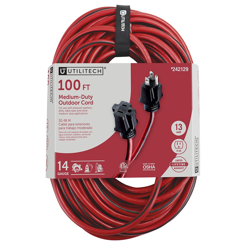 slide 1 of 4, Utilitech 100-ft 14 / 3 Medium Duty 3 Prong Red and black Outdoor Extension Power Cord, 1 ct