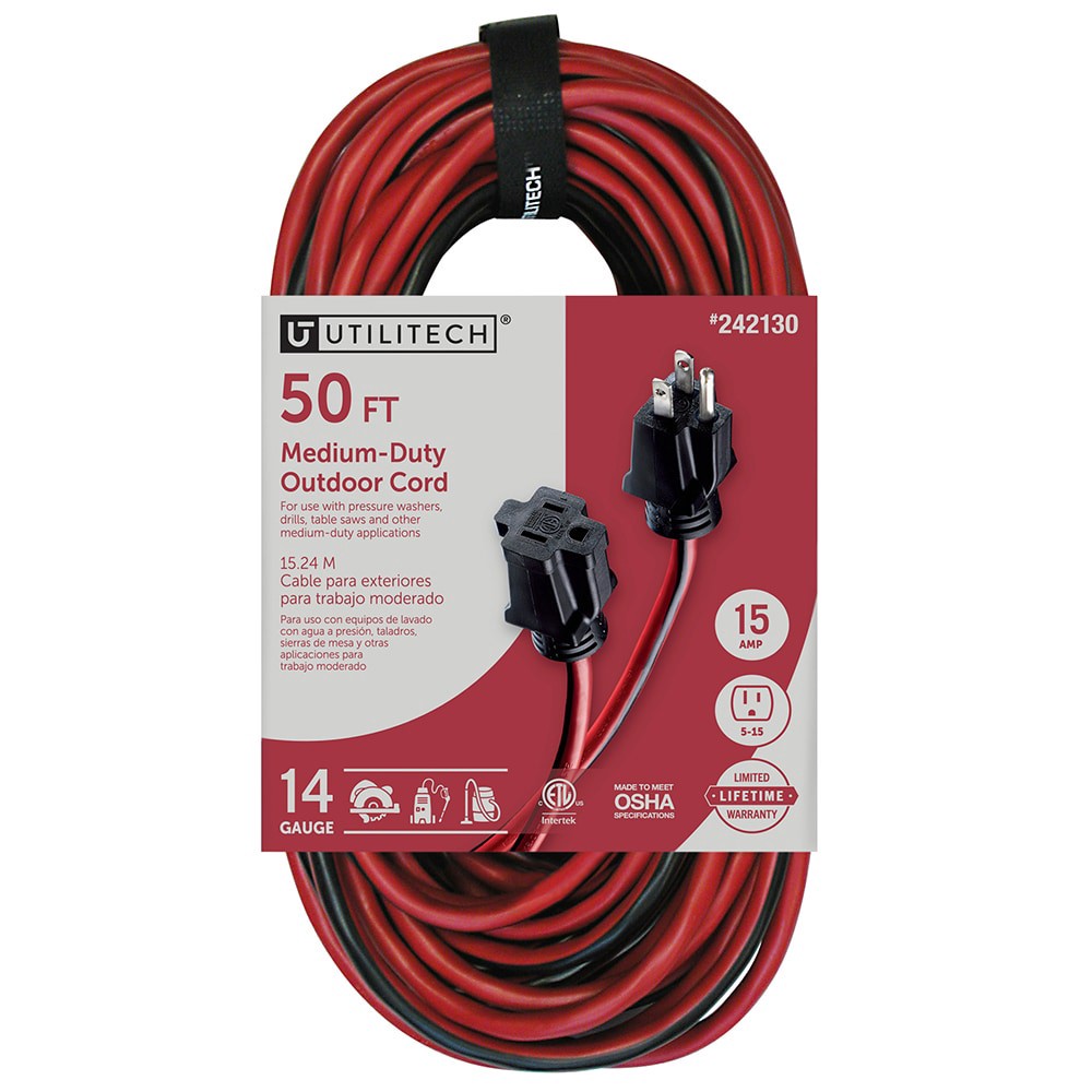 slide 1 of 4, Utilitech 50-ft 14 / 3 Medium Duty 3 Prong Red black Outdoor Extension Power Cord, 1 ct