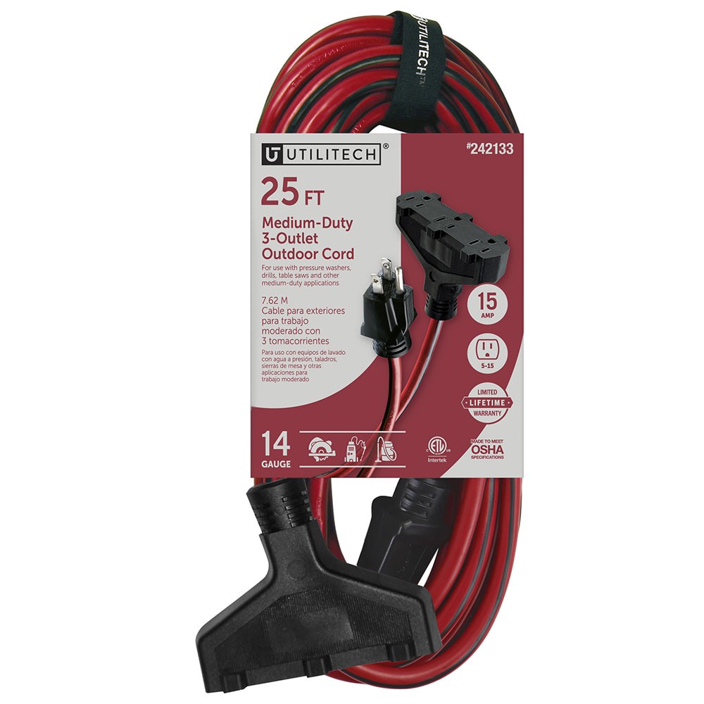 slide 1 of 4, Utilitech 25-ft 14 / 3 Medium Duty 3 Prong Red and black Outdoor Extension Power Cord, 1 ct