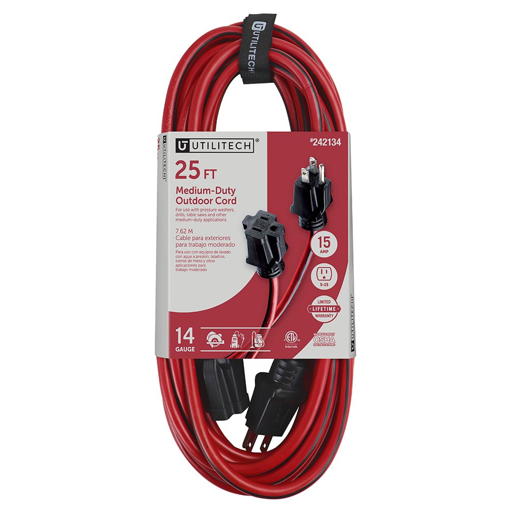 slide 1 of 6, Utilitech 25-ft 14 / 3 Medium Duty 3 Prong Red and black Outdoor Extension Power Cord, 1 ct