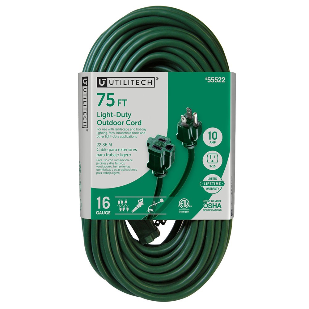 slide 1 of 6, Utilitech 75-ft 16 / 3 Light Duty 3 Prong Green Outdoor Extension Power Cord, 1 ct