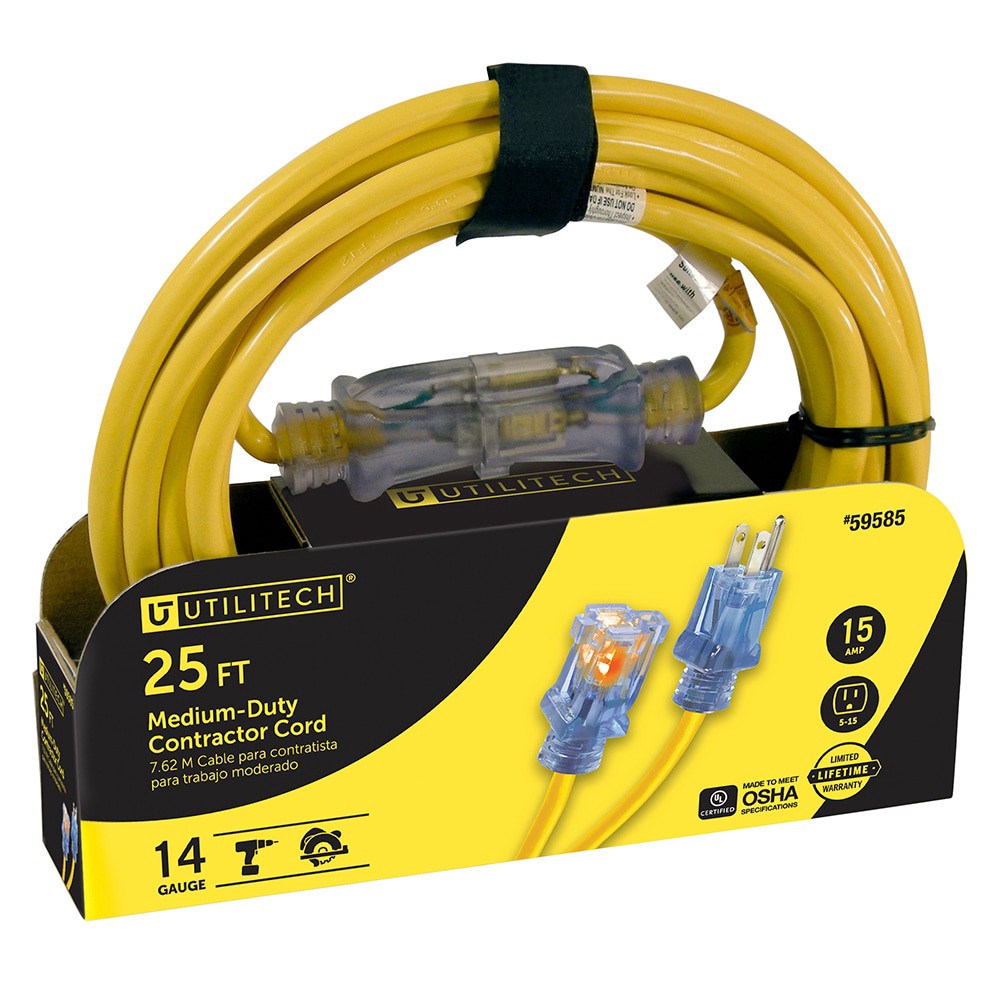 slide 1 of 1, Utilitech 25-ft 14 / 3 Medium Duty 3 Prong Yellow Outdoor Extension Power Cord, 1 ct