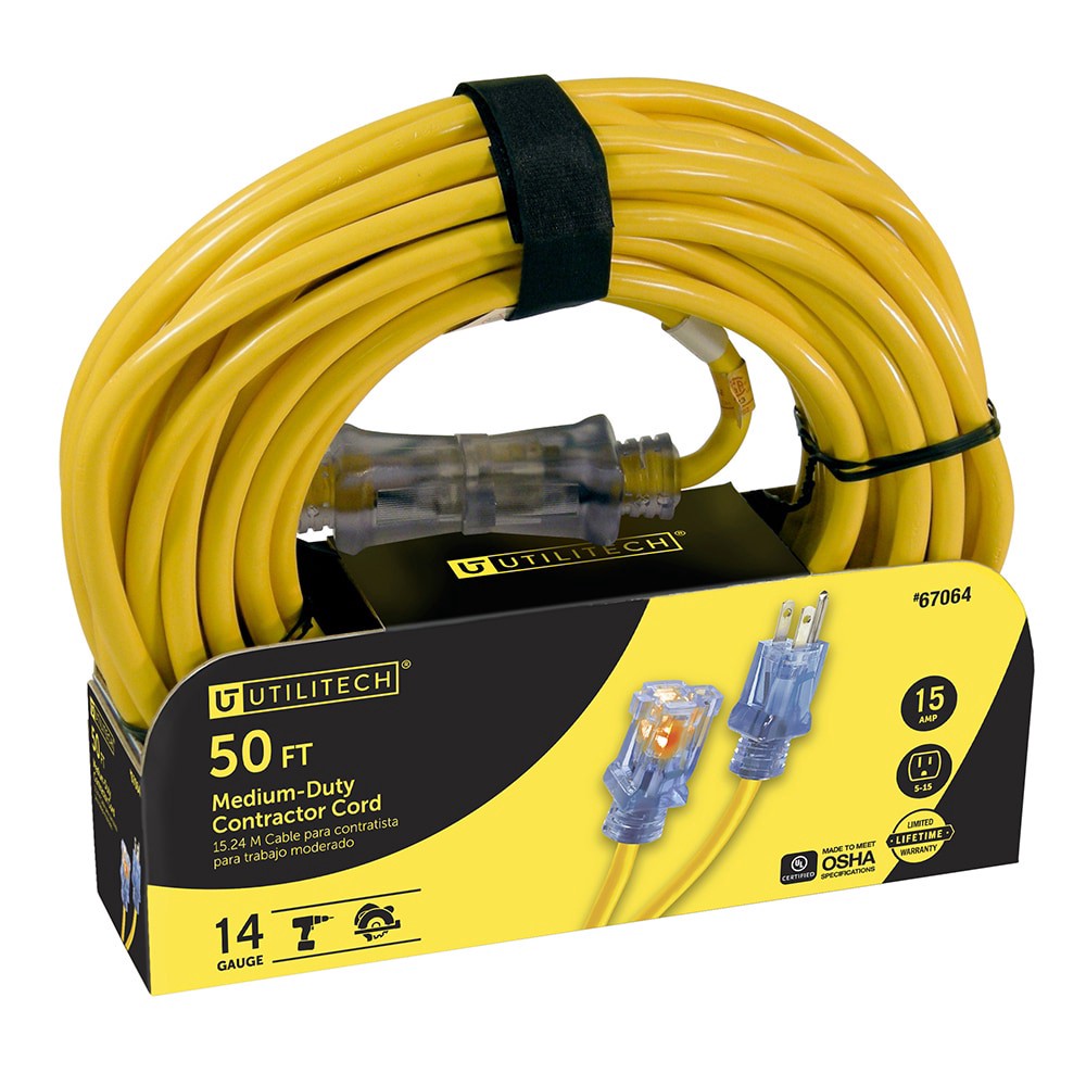 slide 1 of 6, Utilitech 50-ft 14 / 3 Medium Duty 3 Prong Yellow Outdoor Extension Power Cord, 1 ct
