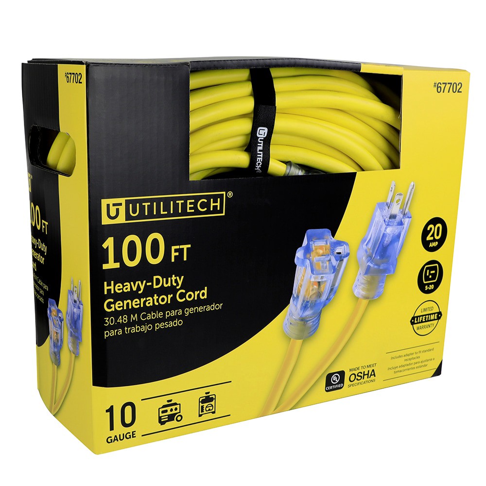 slide 1 of 3, Utilitech 100-Ft 20-Amp 125-Volt 10-Gauge Yellow Outdoor Generator cord, 1 ct