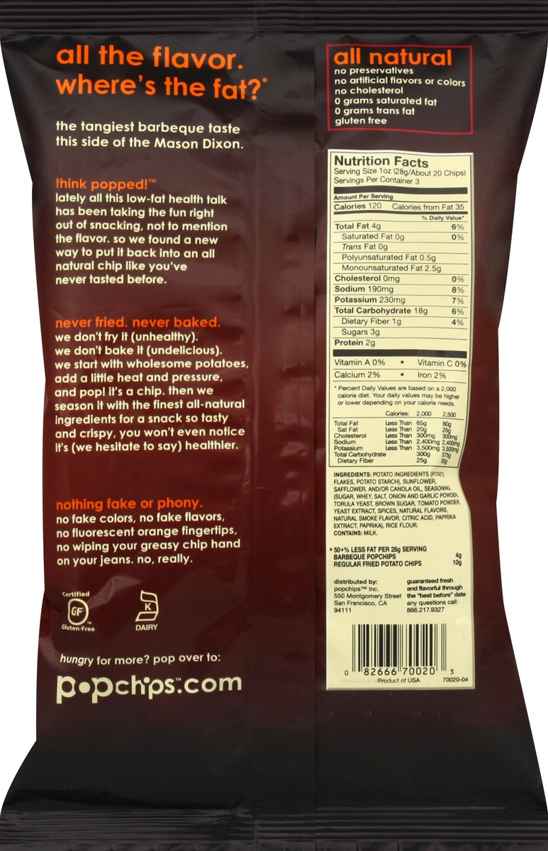 slide 6 of 6, popchips Popped Chip Snack, Barbeque Potato, 3 oz