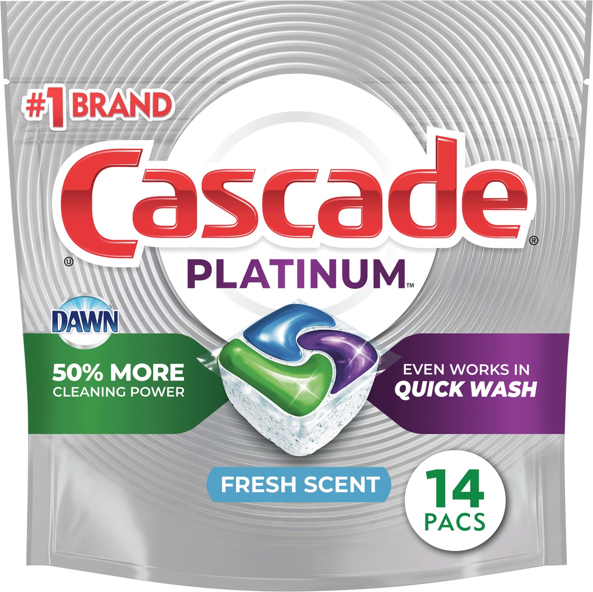 slide 3 of 5, Cascade Platinum ActionPacs Fresh Scent Dishwasher Detergent 14 ea, 14 ct