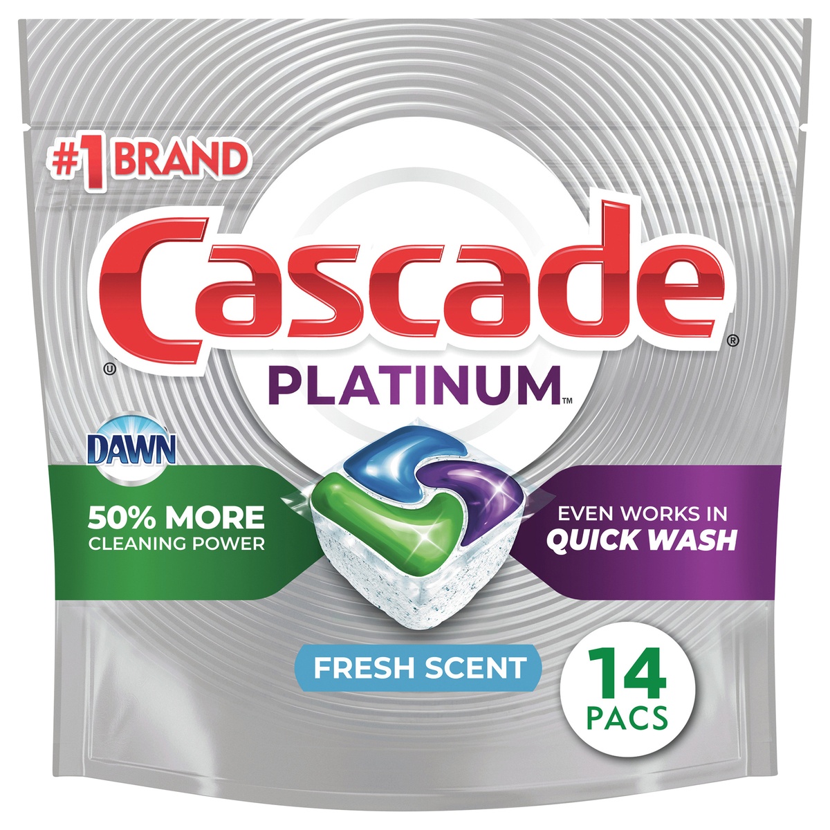 slide 5 of 5, Cascade Platinum ActionPacs Fresh Scent Dishwasher Detergent 14 ea, 14 ct