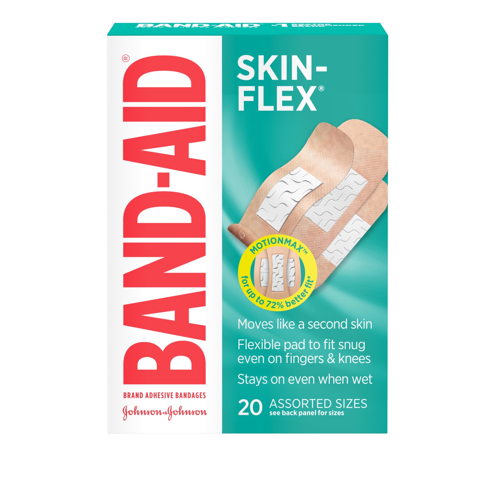 slide 1 of 9, BAND-AID Skin-Flex Adhesive Bandages for First Aid and Wound Care of Minor Cuts and Scrapes & Burns, Flexible Sterile Bandages Great for Fingers, Hands & Knees, Assorted Sizes, 20 ct, 20 ct