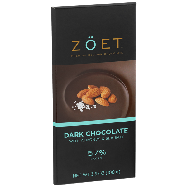 slide 1 of 1, Zöet 57% Cacao Dark Chocolate With Almonds & Sea Salt, 3.5 oz