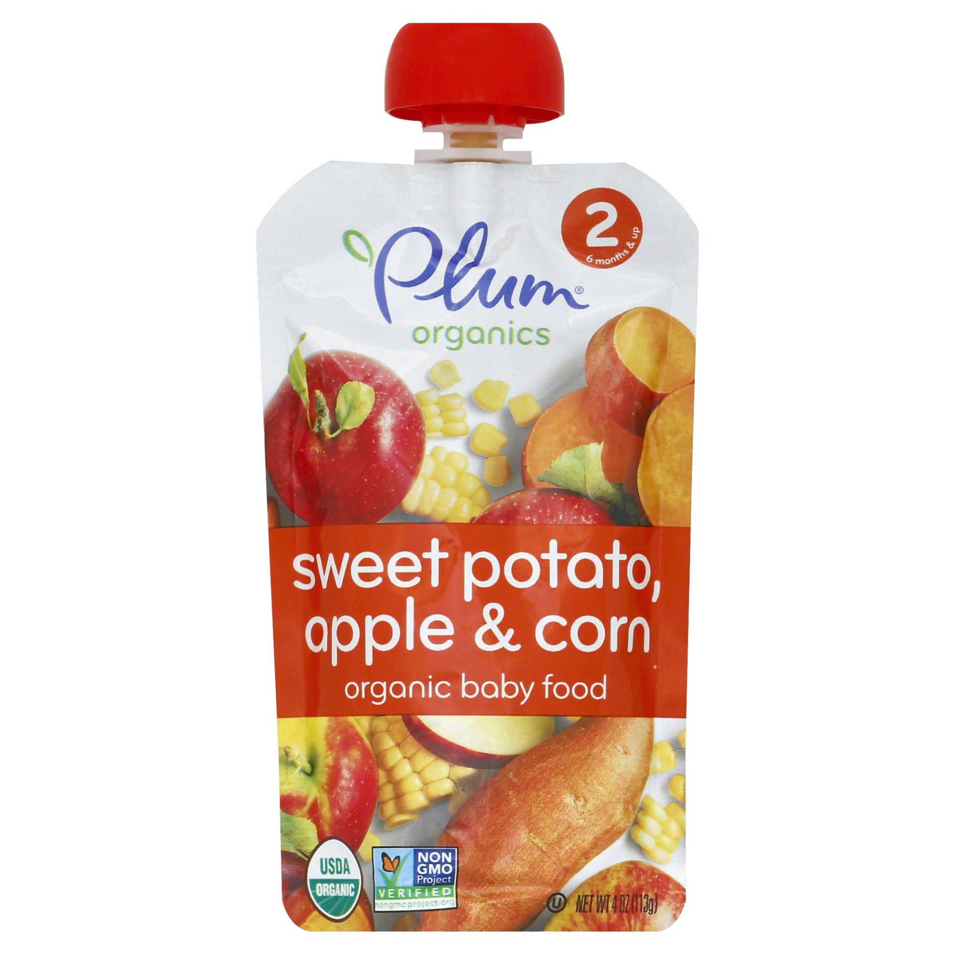 slide 1 of 9, Plum Organics Sweet Potato Apple Corn Baby Food, 4 oz