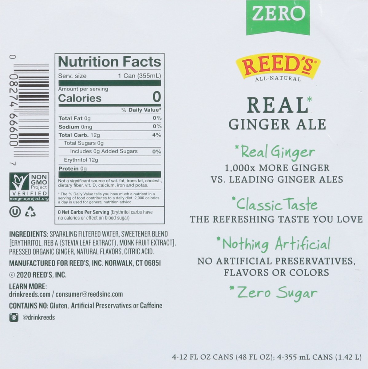 slide 6 of 9, Reed's Zero Sugar Real Original Ginger Ale 4 - 12 fl oz Cans, 4 ct