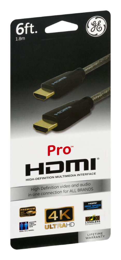 slide 1 of 1, GE Pro HDMI Cable, High Speed With Ethernet, Gold Connectors - Black, 6 ft