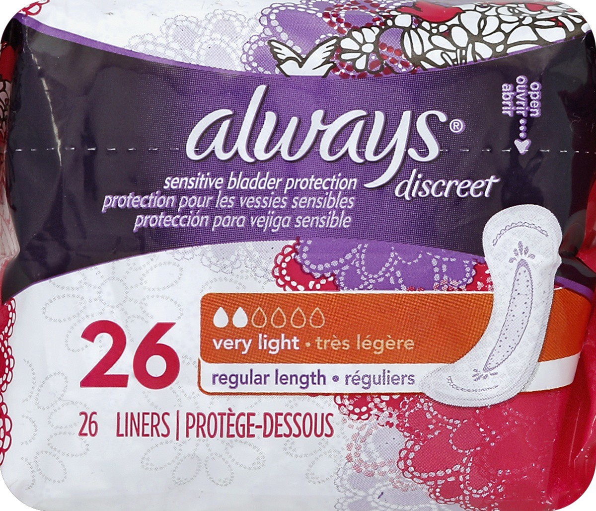 slide 2 of 5, Always Discreet Incontinence Liners, Very Light Absorbency, Regular Length, 26 Count, 26 ct