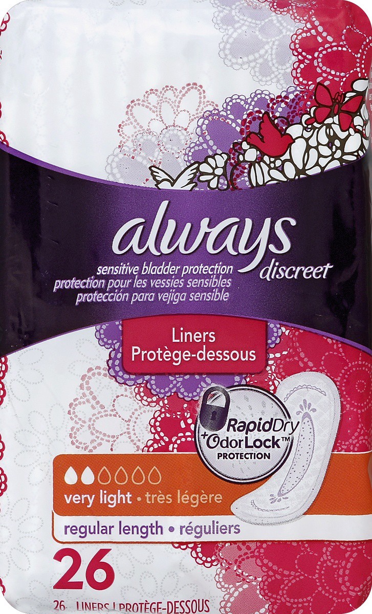 slide 4 of 5, Always Discreet Incontinence Liners, Very Light Absorbency, Regular Length, 26 Count, 26 ct