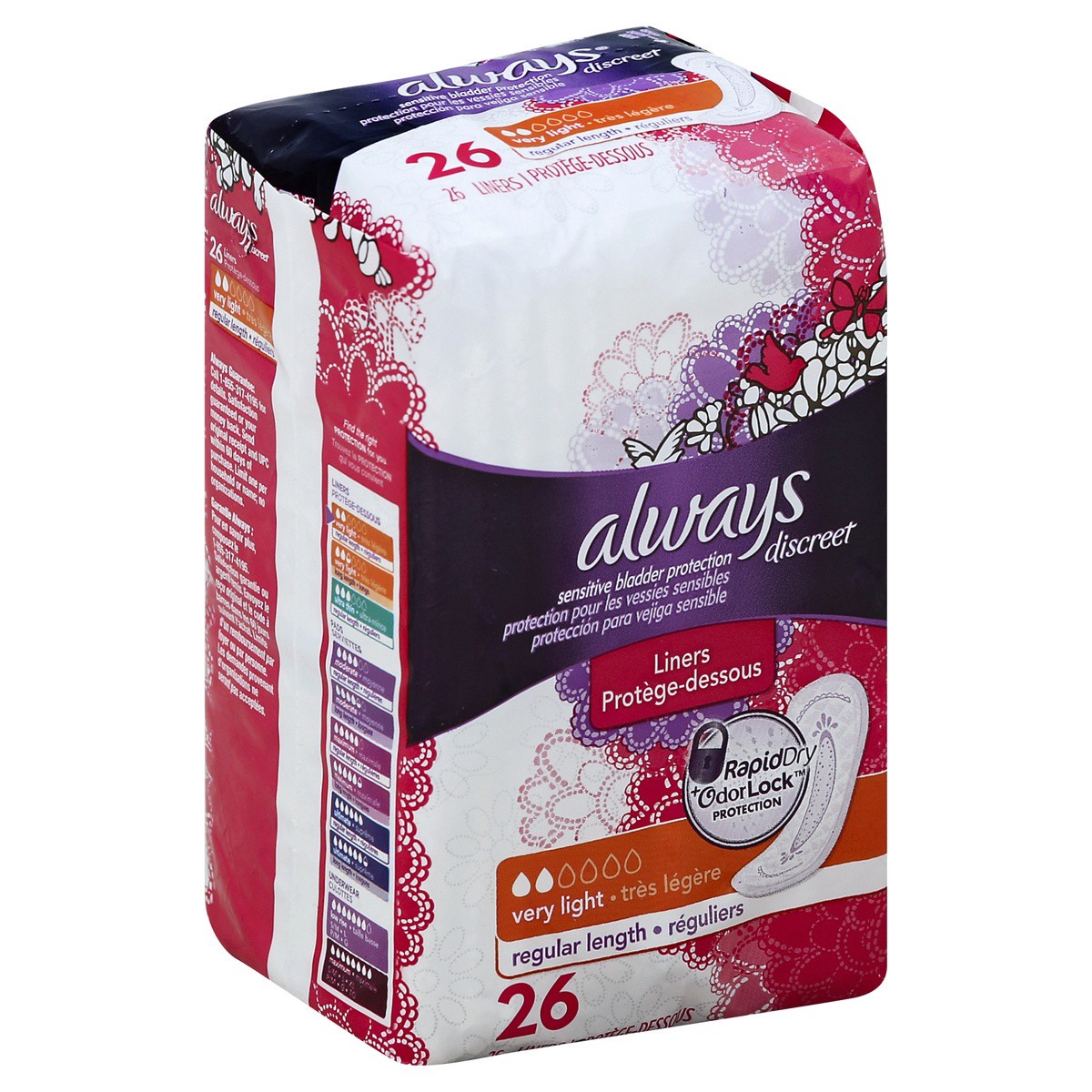 slide 5 of 5, Always Discreet Incontinence Liners, Very Light Absorbency, Regular Length, 26 Count, 26 ct