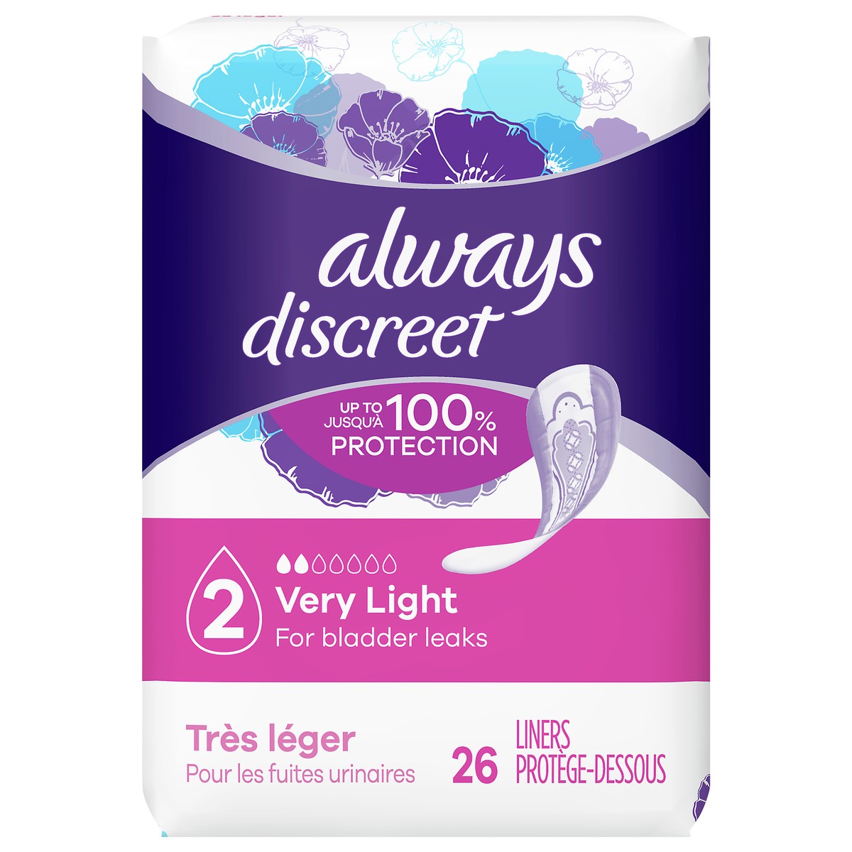 slide 1 of 5, Always Discreet Incontinence Liners, Very Light Absorbency, Regular Length, 26 Count, 26 ct