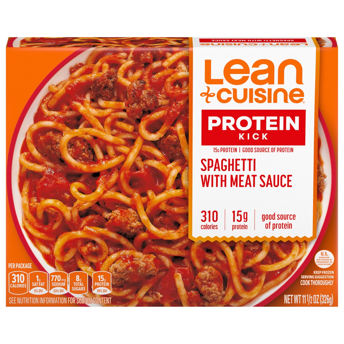 slide 1 of 9, Lean Cuisine Frozen Meal Spaghetti With Meat Sauce, Protein Kick Microwave Meal, Microwave Spaghetti Dinner, Frozen Dinner for One, 11.5 oz
