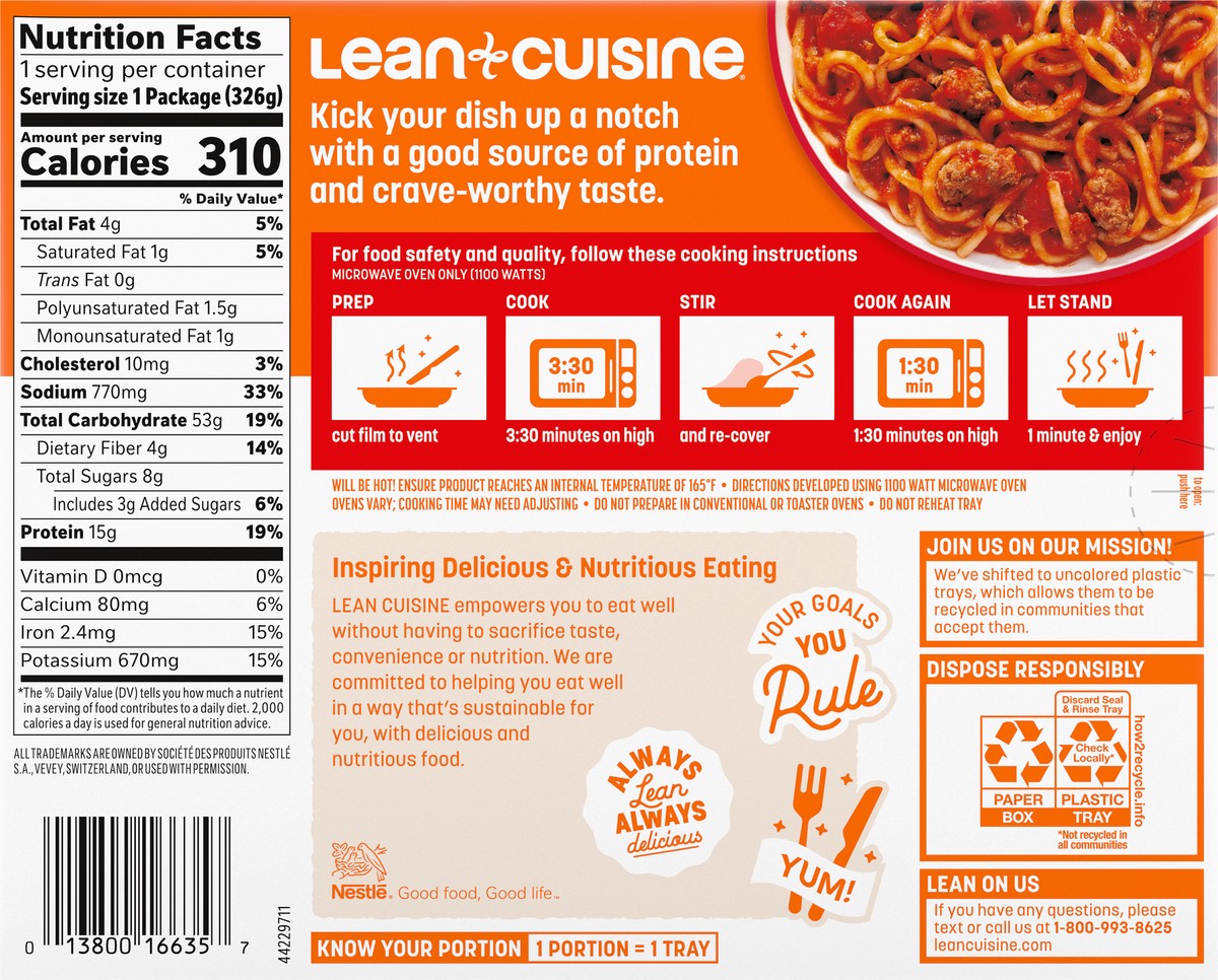 slide 4 of 9, Lean Cuisine Frozen Meal Spaghetti With Meat Sauce, Protein Kick Microwave Meal, Microwave Spaghetti Dinner, Frozen Dinner for One, 11.5 oz