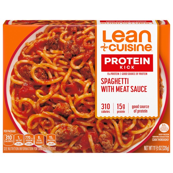 slide 1 of 9, Lean Cuisine Frozen Meal Spaghetti With Meat Sauce, Protein Kick Microwave Meal, Microwave Spaghetti Dinner, Frozen Dinner for One, 11.5 oz