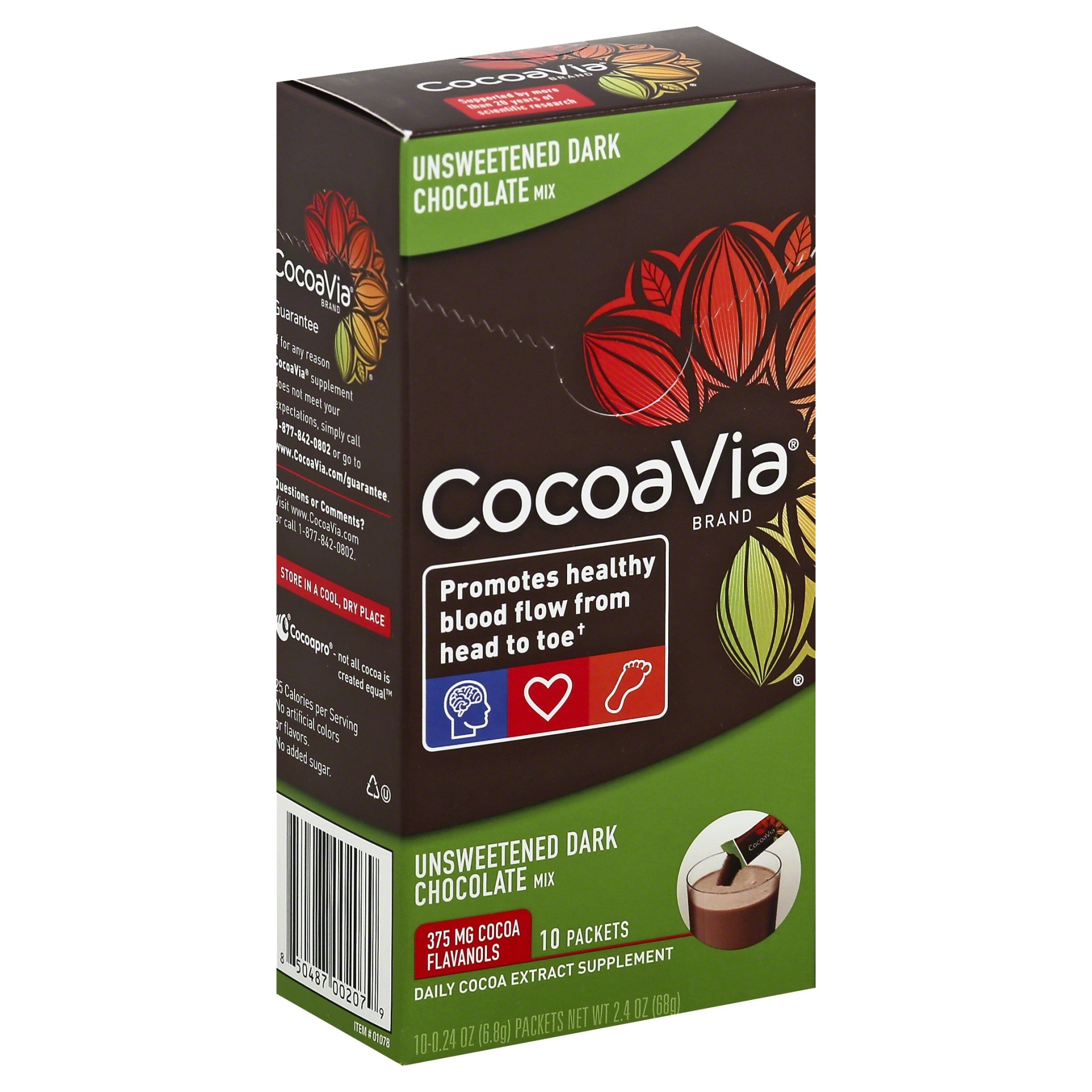 slide 1 of 1, CocoaVia Cocoa Extract Unsweetened Dark Chocolate Dietary Supplement Packets, 10 ct