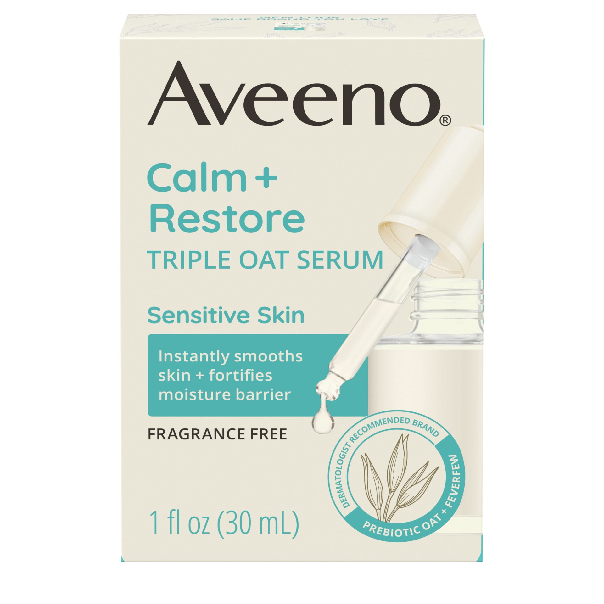 slide 7 of 9, Aveeno Calm + Restore Triple Oat Hydrating Face Serum for Sensitive Skin, Gentle, Lightweight Facial Serum Instantly Smooths Skin, Fast-Absorbing, Hypoallergenic & Fragrance-Free, 1 fl. oz, 1 fl oz