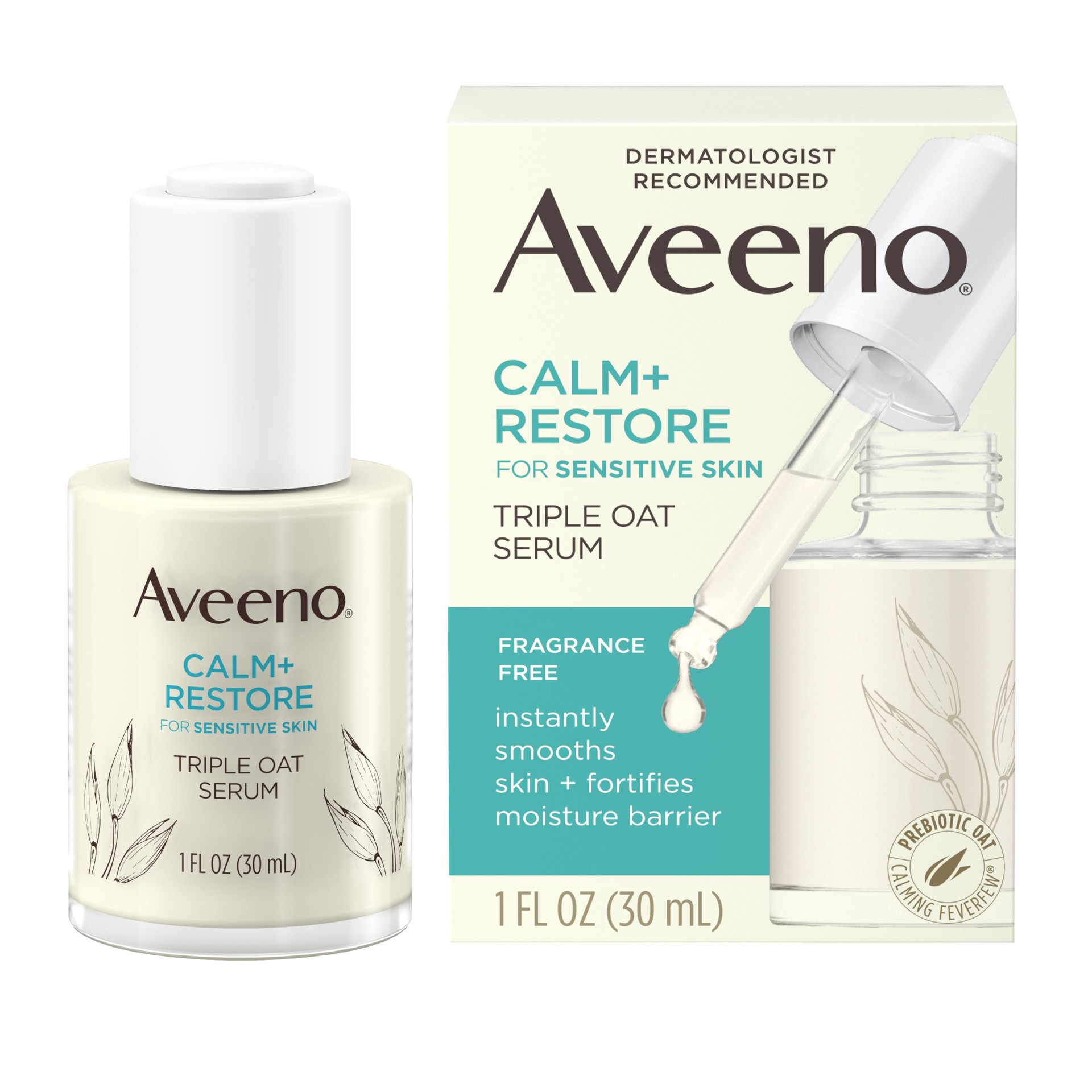 slide 2 of 9, Aveeno Calm + Restore Triple Oat Hydrating Face Serum for Sensitive Skin, Gentle, Lightweight Facial Serum Instantly Smooths Skin, Fast-Absorbing, Hypoallergenic & Fragrance-Free, 1 fl. oz, 1 fl oz