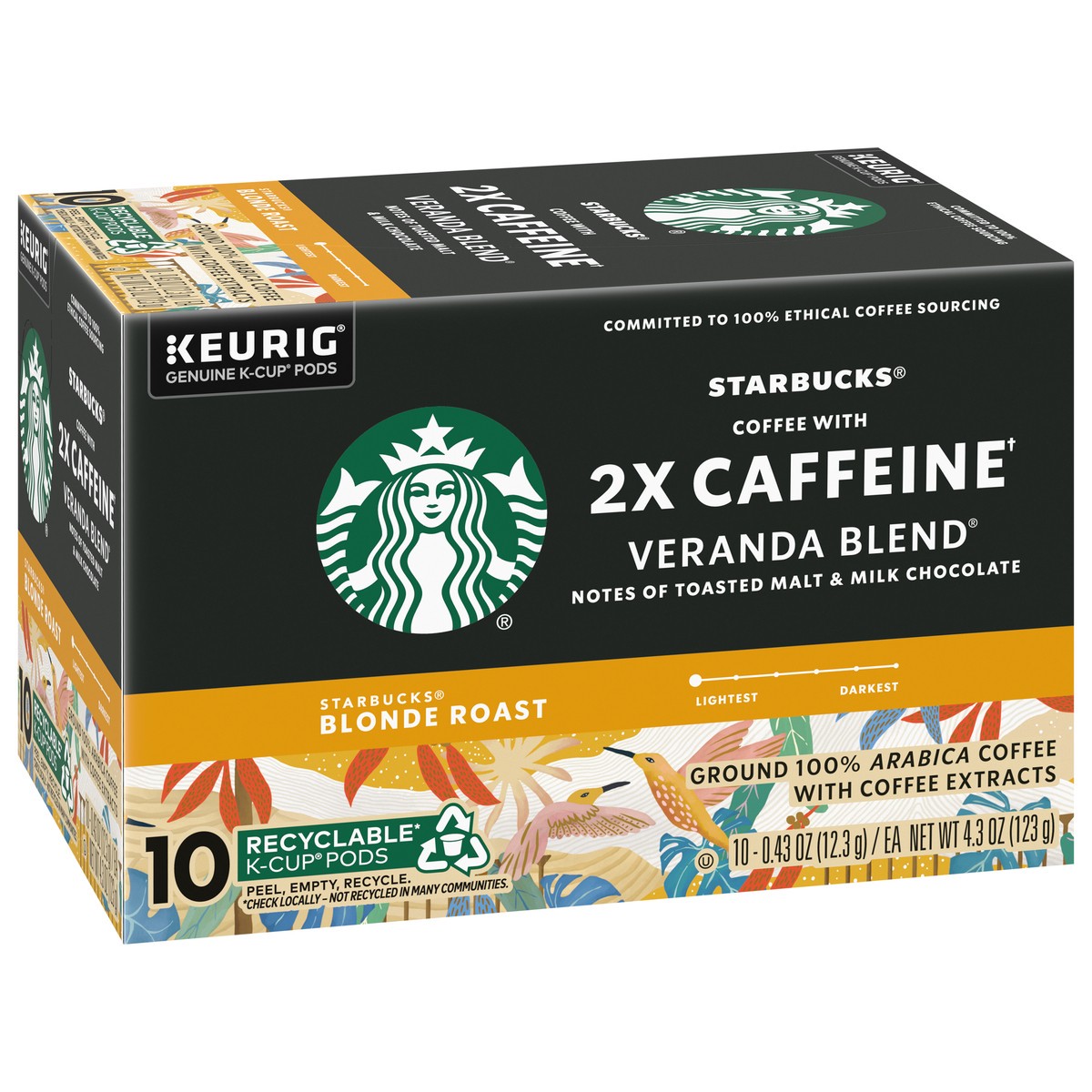 slide 4 of 9, Starbucks K-Cup Coffee Pods, Starbucks Blonde Roast Coffee With 2X Caffeine Veranda Blend For Keurig Coffee Makers, 100% Arabica, 1 Box (10 Pods), 4.3 oz