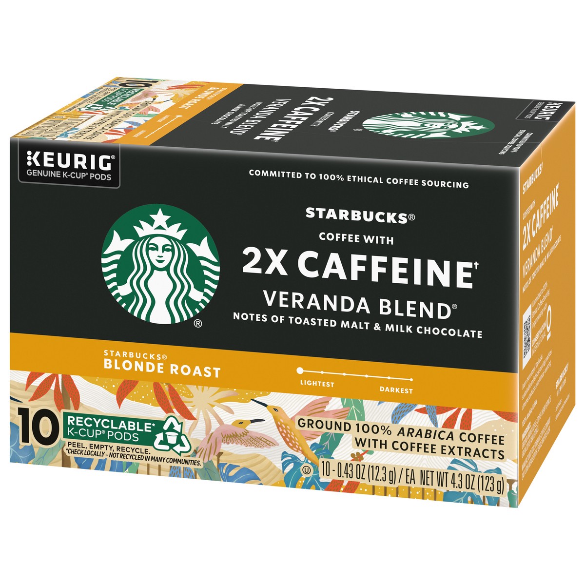 slide 9 of 9, Starbucks K-Cup Coffee Pods, Starbucks Blonde Roast Coffee With 2X Caffeine Veranda Blend For Keurig Coffee Makers, 100% Arabica, 1 Box (10 Pods), 4.3 oz