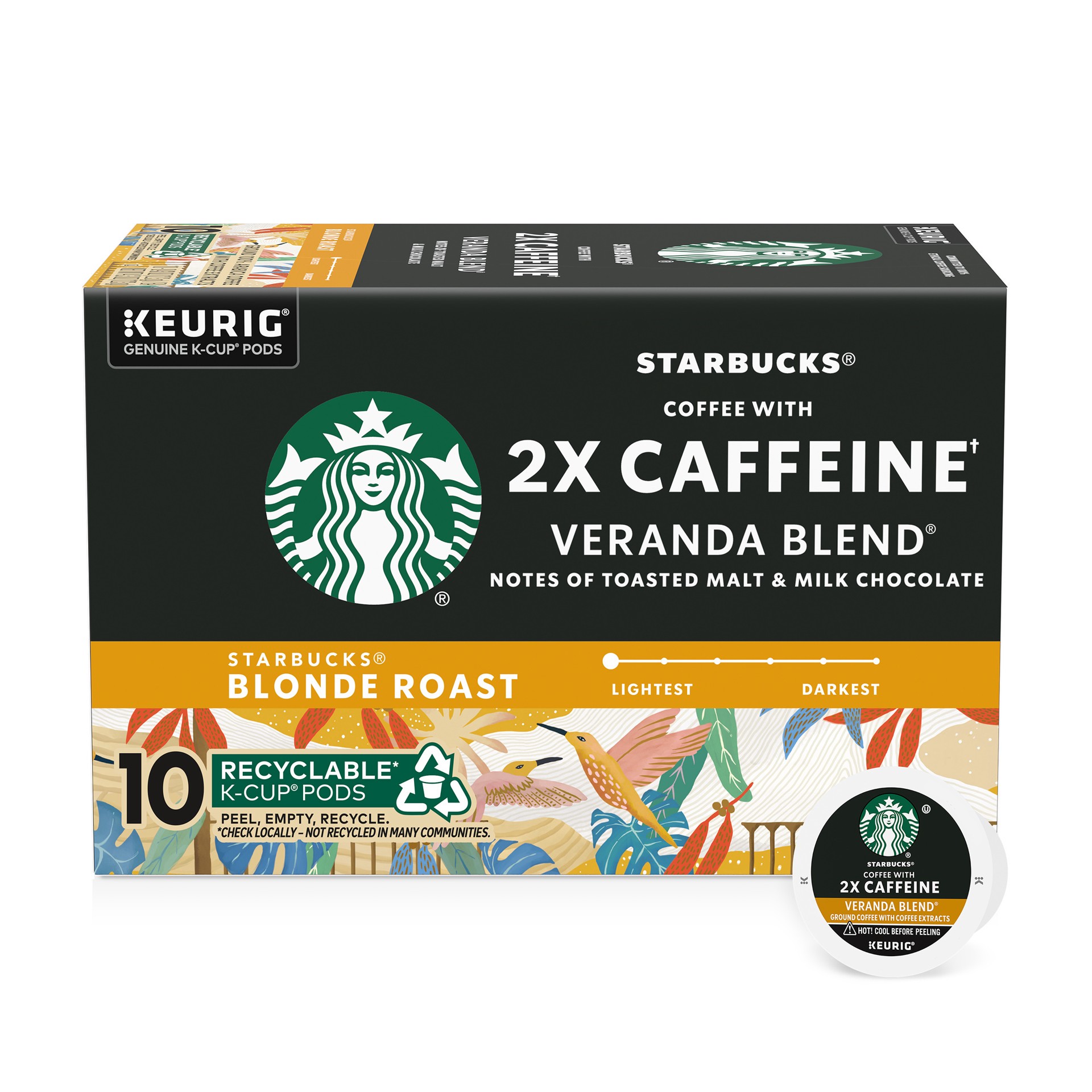 slide 1 of 9, Starbucks K-Cup Coffee Pods, Starbucks Blonde Roast Coffee With 2X Caffeine Veranda Blend For Keurig Coffee Makers, 100% Arabica, 1 Box (10 Pods), 4.3 oz