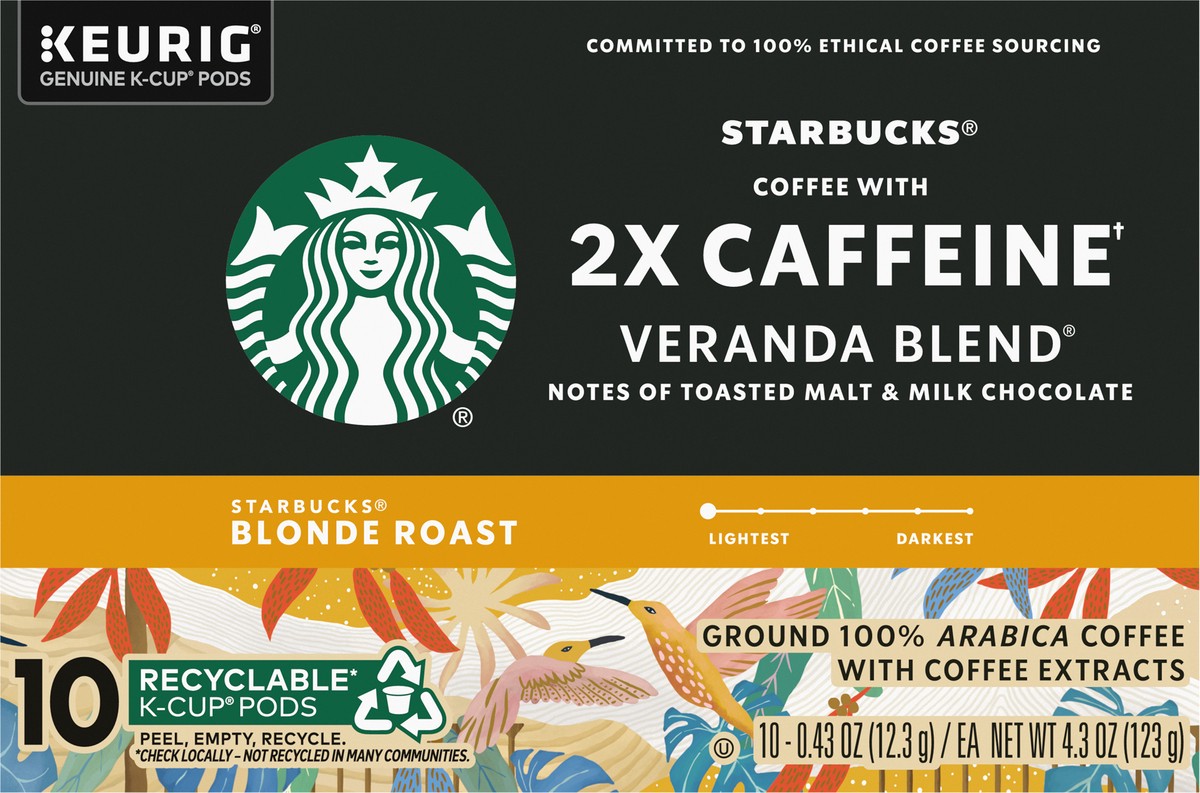 slide 2 of 9, Starbucks K-Cup Coffee Pods, Starbucks Blonde Roast Coffee With 2X Caffeine Veranda Blend For Keurig Coffee Makers, 100% Arabica, 1 Box (10 Pods), 4.3 oz