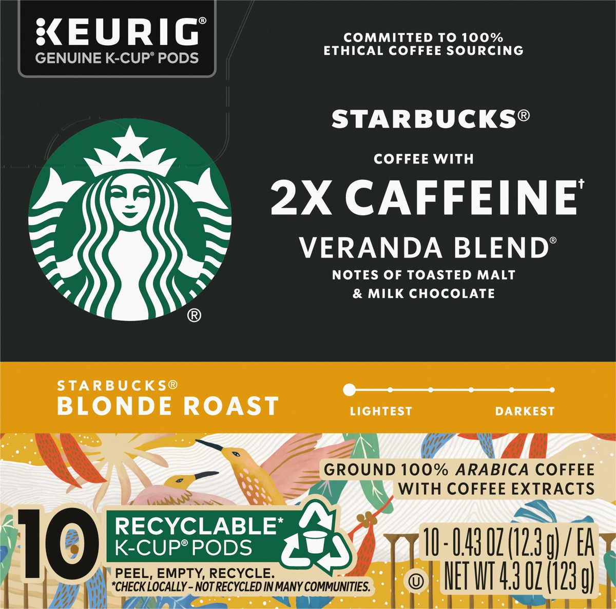 slide 5 of 9, Starbucks K-Cup Coffee Pods, Starbucks Blonde Roast Coffee With 2X Caffeine Veranda Blend For Keurig Coffee Makers, 100% Arabica, 1 Box (10 Pods), 4.3 oz