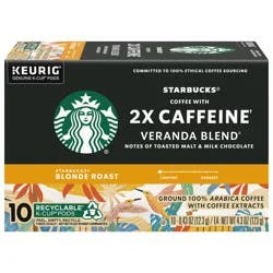 Starbucks K-Cup Coffee Pods, Starbucks Blonde Roast With 2X Caffeine, Hot or Iced Coffee, Veranda Blend, 10 Keurig Pods