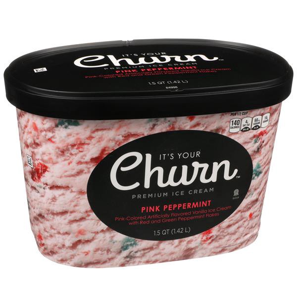 slide 1 of 1, It's Your Churn Pink Peppermint Pink-colored Vanilla Premium Ice Cream With Red And Green Peppermint Flakes, 1.5 qt