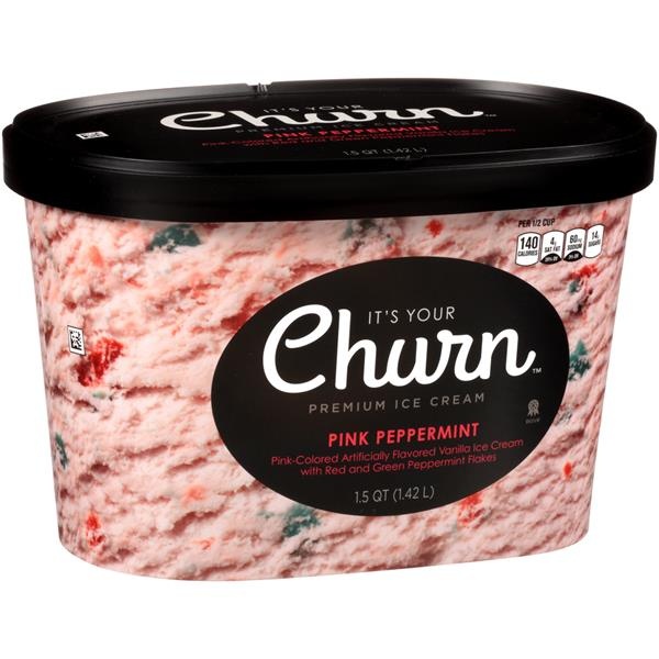 slide 1 of 1, It's Your Churn Pink Peppermint Pink-colored Vanilla Premium Ice Cream With Red And Green Peppermint Flakes, 1.5 qt