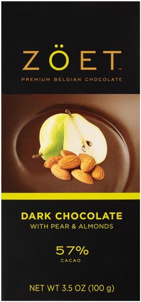 slide 1 of 1, Zöet 57% Cacao Dark Chocolate With Pear & Almonds, 3.5 oz