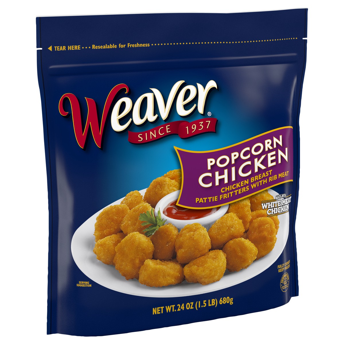 slide 2 of 6, Weaver Popcorn Chicken, 1.5 lb. (Frozen), 680.39 g