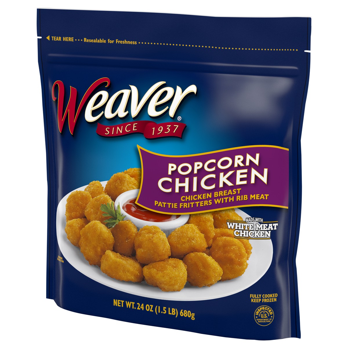 slide 3 of 6, Weaver Popcorn Chicken, 1.5 lb. (Frozen), 680.39 g