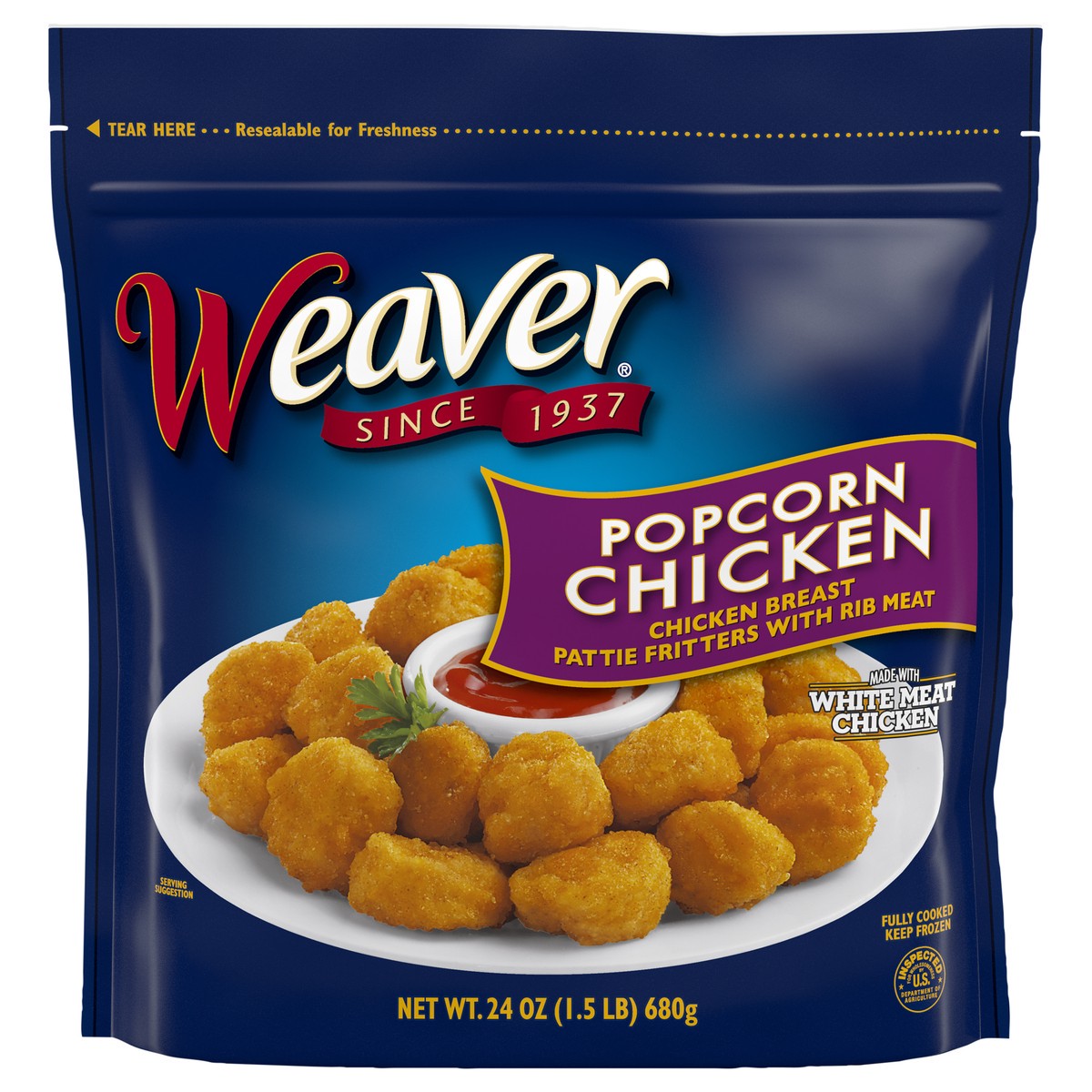 slide 1 of 6, Weaver Popcorn Chicken, 1.5 lb. (Frozen), 680.39 g