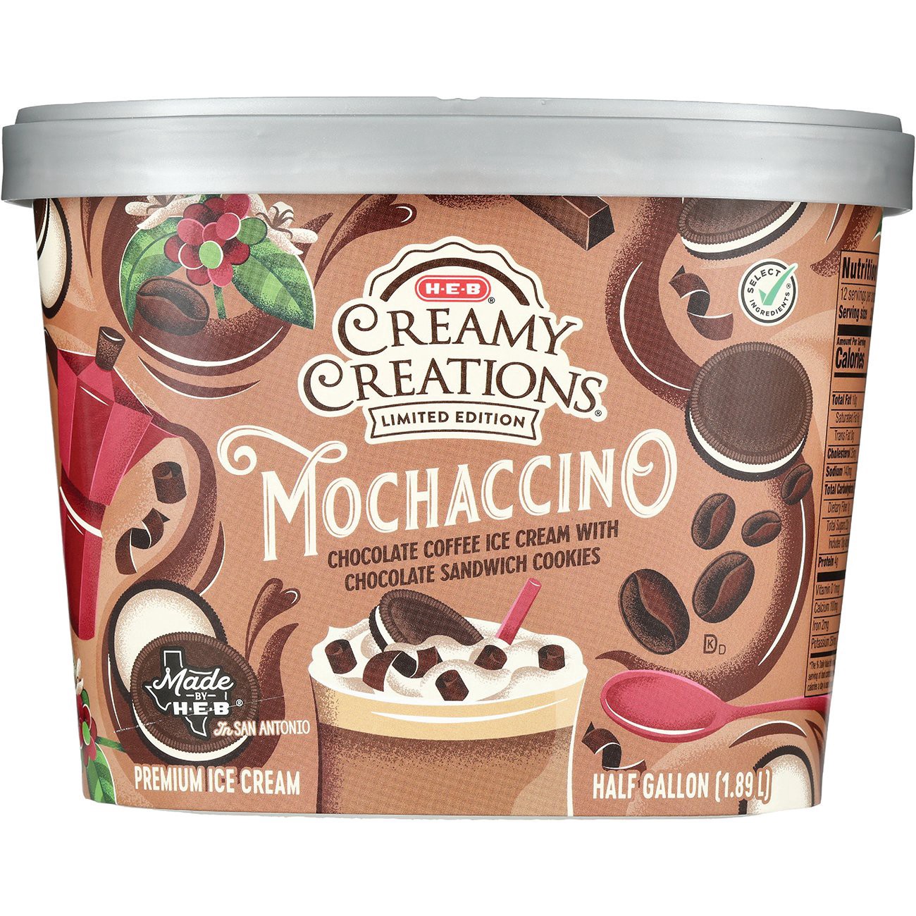 slide 1 of 1, H-E-B Creamy Creations Mochaccino Ice Cream, 1/2 gal