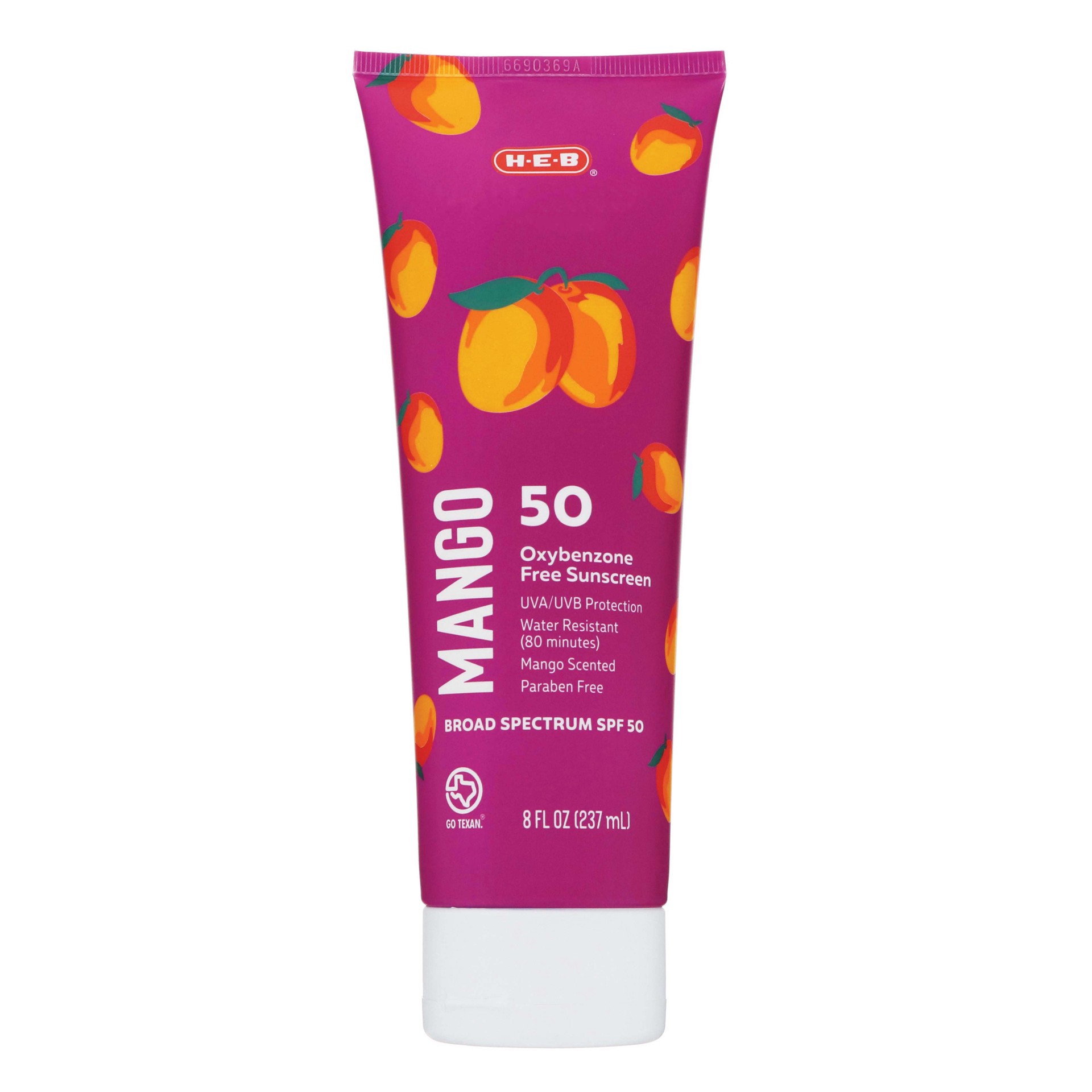 slide 1 of 1, H-E-B Solutions Oxybenzone Free SPF 50 Mango Sunscreen, 8 oz