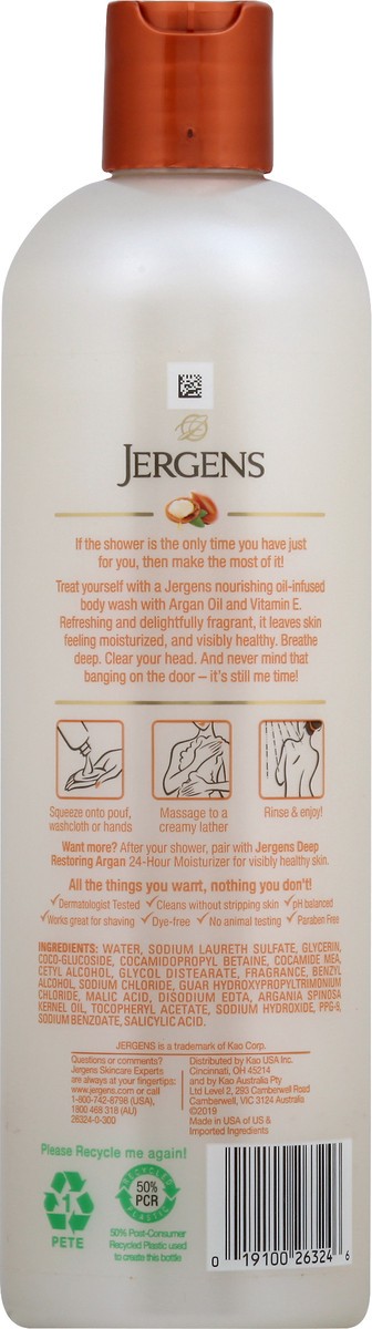 slide 3 of 8, Jergens Deep Restoring Argan Body Wash, Daily Moisturizing Skin Cleanser, Paraben Free, Infused with Nourishing Argan Oil, pH Balanced, Dye Free, Dermatologist Tested, 22 Oz, 22 fl oz