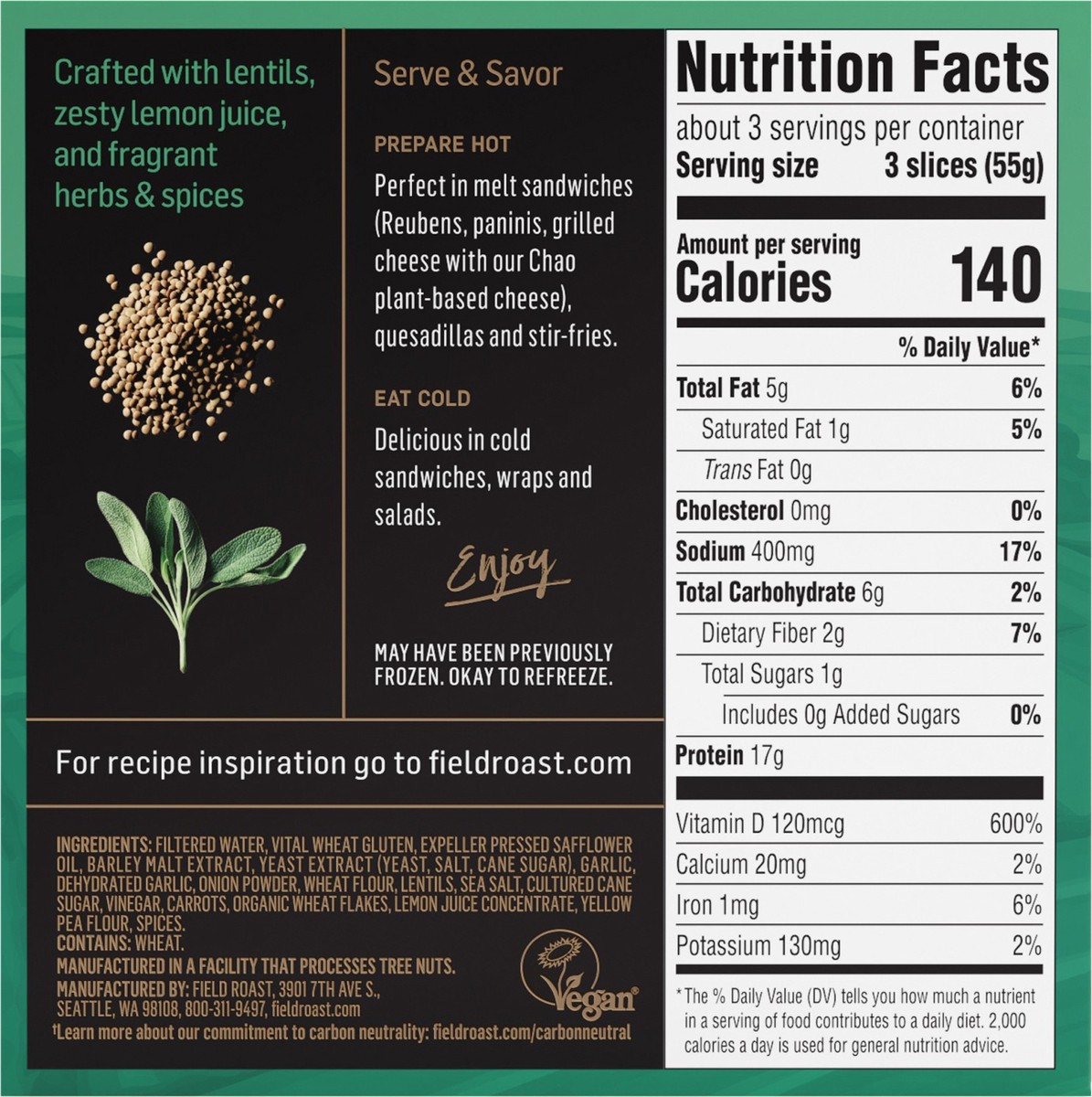 slide 5 of 5, Field Roast Vegan Lentil Sage Deli Slices, 5.5 oz