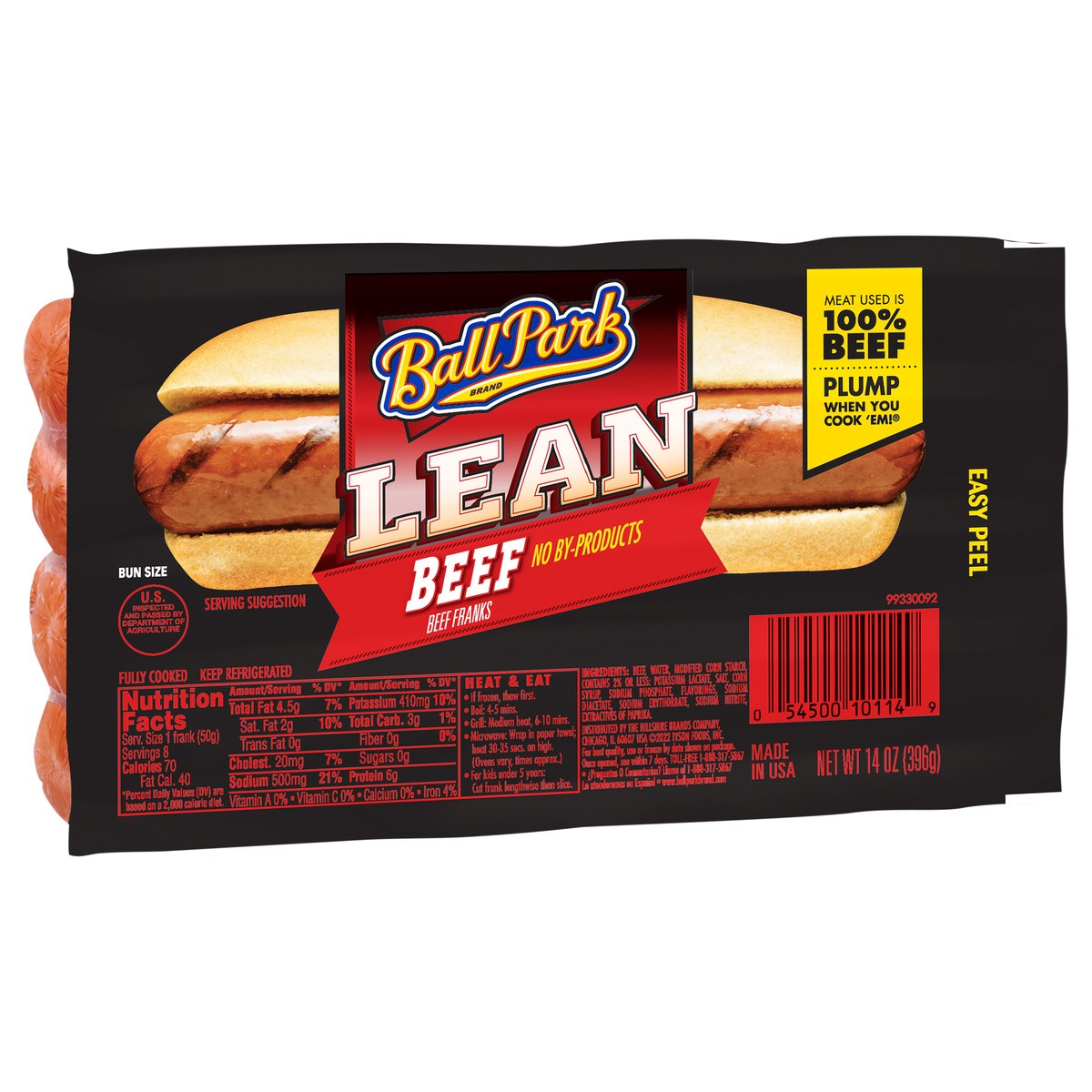 slide 5 of 7, Ball Park Bun Length Hot Dogs, Lean Beef, 8 Count, 396.89 g