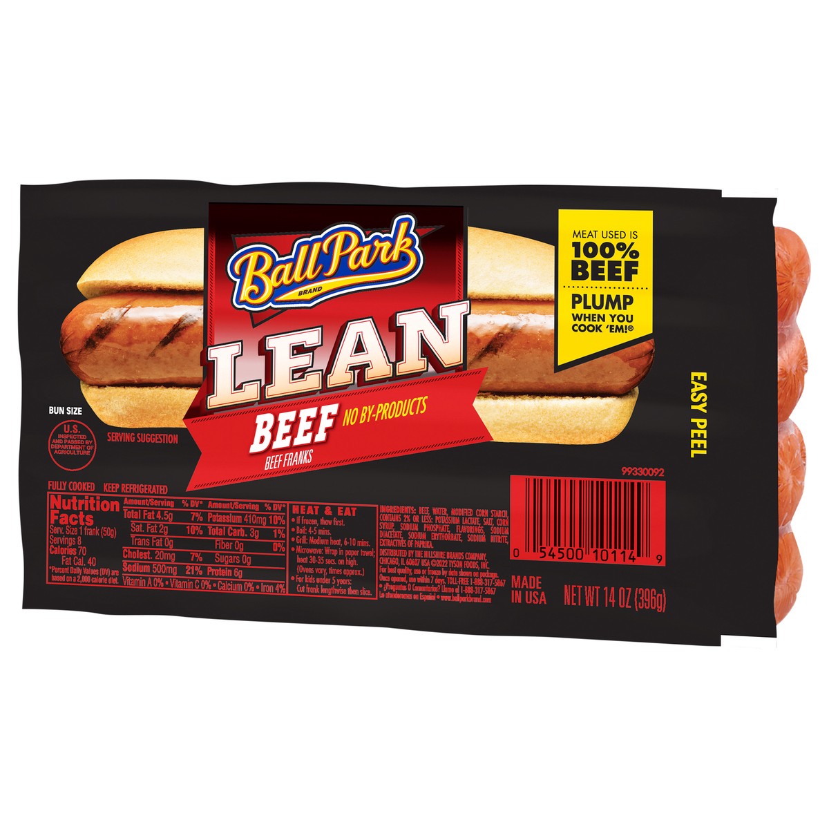 slide 6 of 7, Ball Park Bun Length Hot Dogs, Lean Beef, 8 Count, 396.89 g