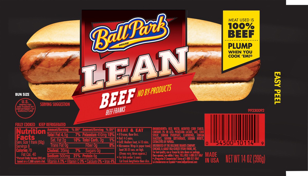 slide 3 of 7, Ball Park Bun Length Hot Dogs, Lean Beef, 8 Count, 396.89 g