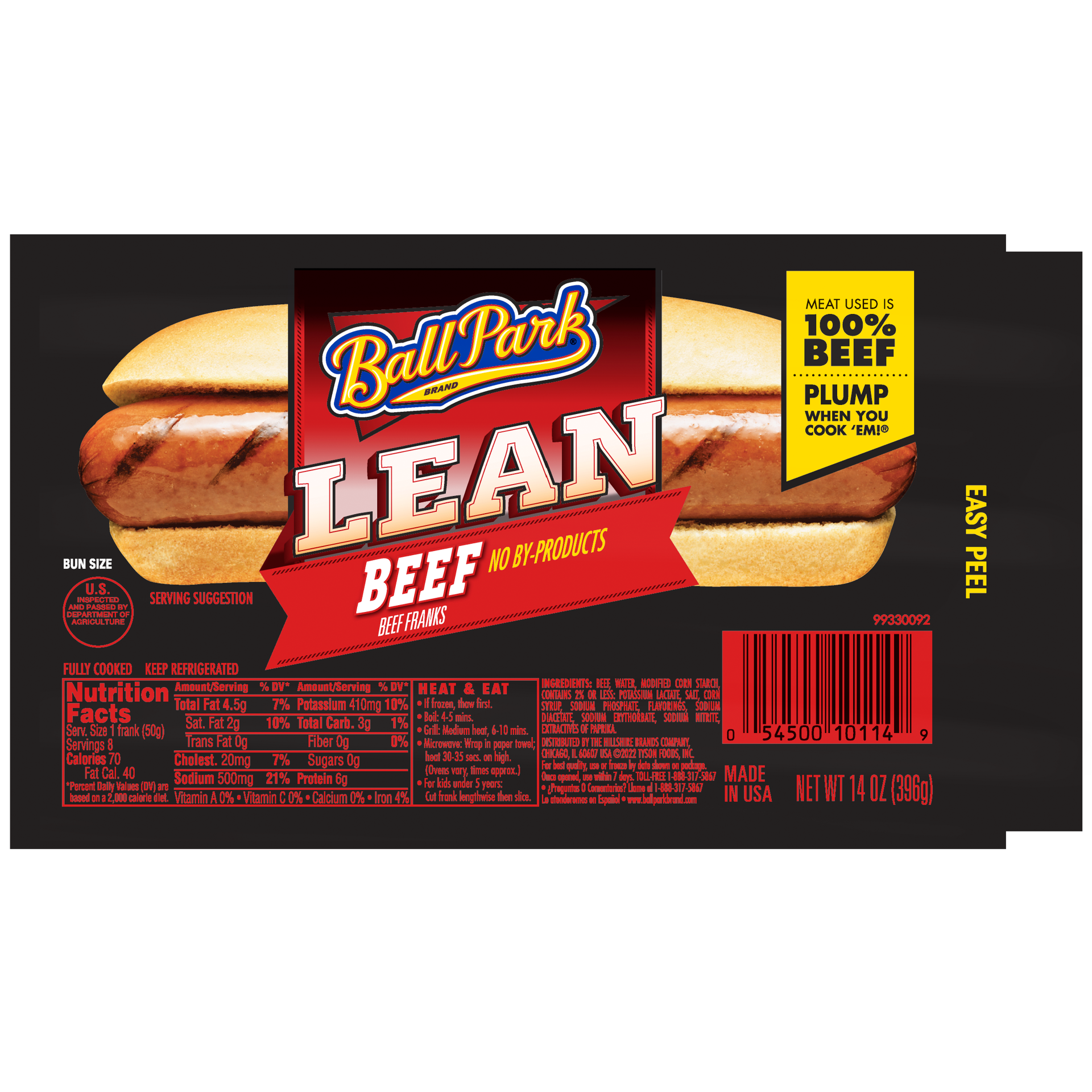 slide 1 of 7, Ball Park Bun Length Hot Dogs, Lean Beef, 8 Count, 396.89 g