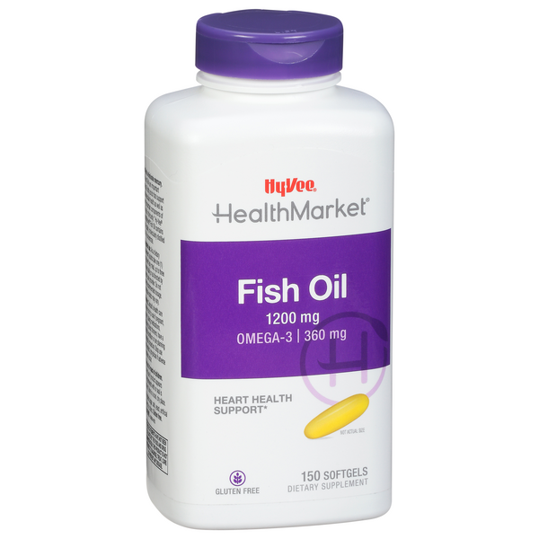 slide 1 of 1, Hy-Vee HealthMarket Maximum Strength Fish Oil Omega-3 Dietary Supplement Softgels, 150 ct; 1200 mg