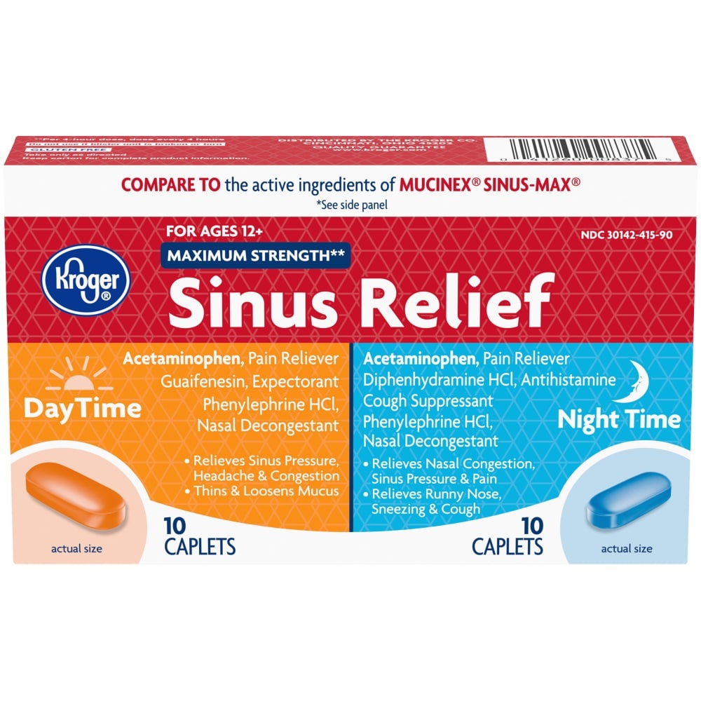 slide 1 of 1, Kroger Maximum Strength Daytime And Night Time Sinus Relief, 20 ct